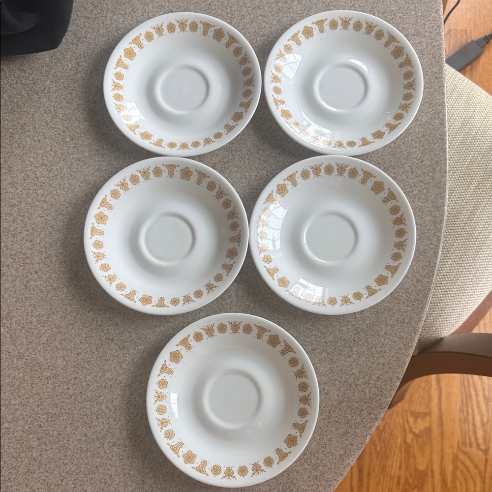 Corelle White Saucers with Gold Floral Butterfly Border - Set of 5